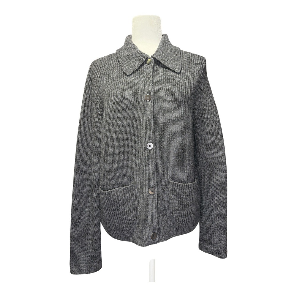 Womens Gray 100% Wool Ribbed Knit Button Front Cardigan Sweater Jacket Small